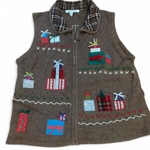 Christmas Vintage brown fleece zip up sweater
